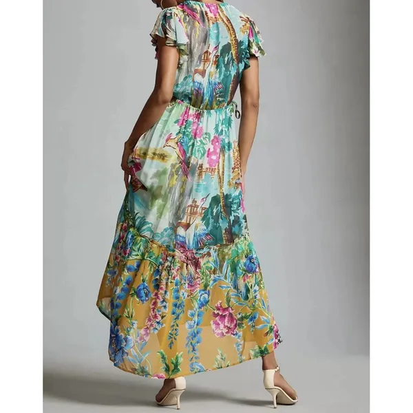 Anthropologie V-Neck Flutter-Sleeve Colorful Tropical Print Dress Xs - Image 2