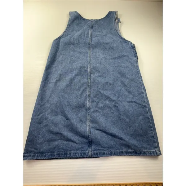 Ladies Blue Denim Sleeveless Jumper‎ Dress Medium Side Button Front Pockets - Image 9