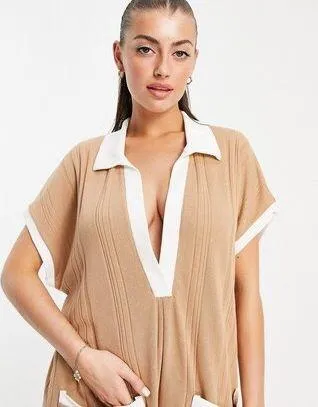 ASOS Design Contrast Collar Oversized Rib Romper In Brown - Image 2