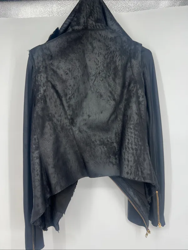 GEORGIE" black soft faux-fur metallic faux fur jacket hoodie Moto jacket - Image 5
