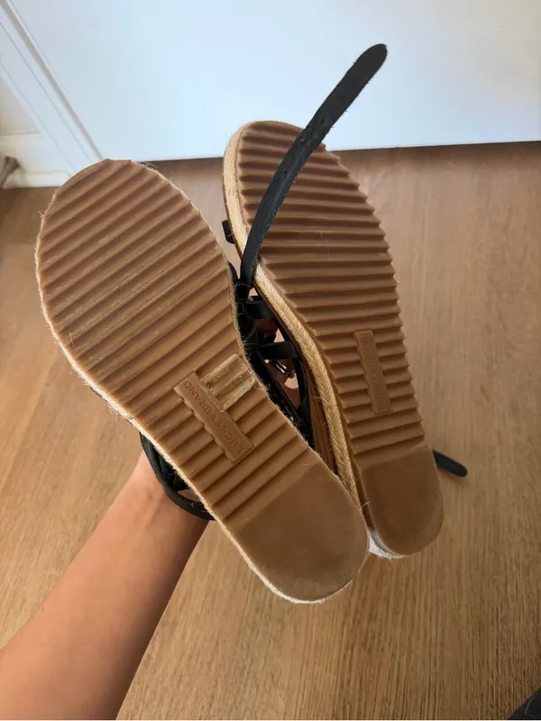 Lucky Brand Nemelli Black Leather Jute Small Wedge Sandal Size 8 - Image 3