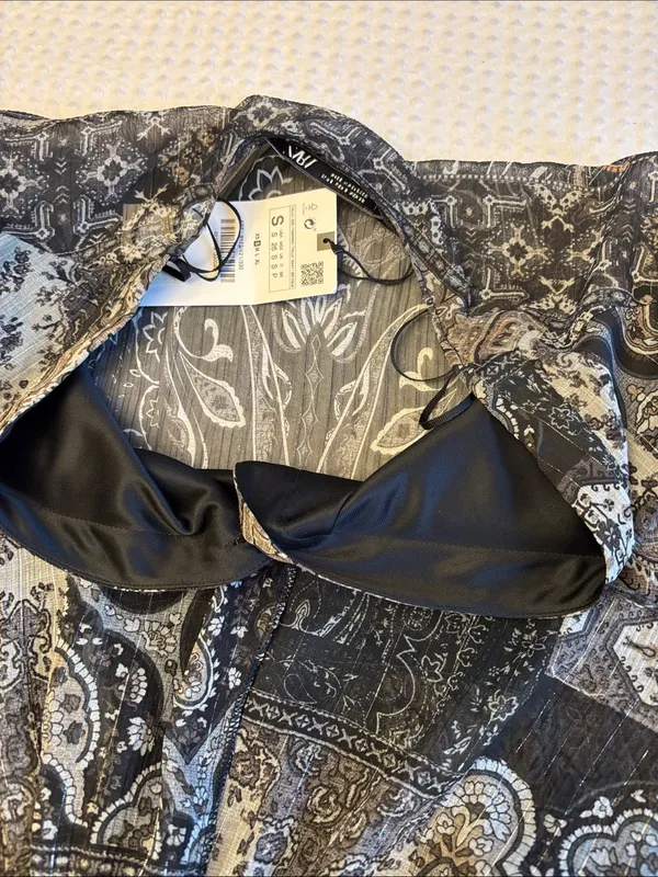 NEW! ZARA Black Gray Paisley Tiered Mini Dress SMALL Semi Sheer Balloon Sleeves - Image 14