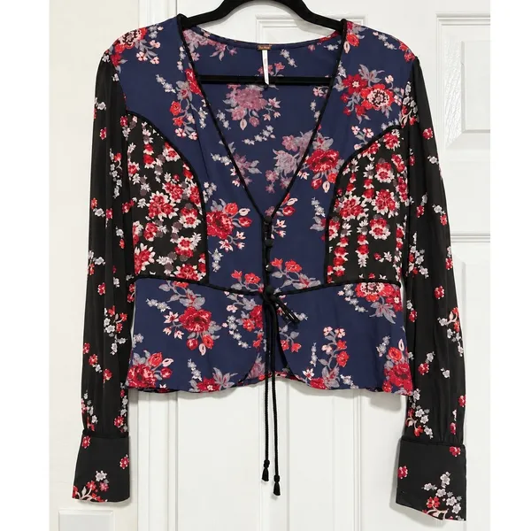 Free People Way The World Turns Floral Tie Front Blouse Top Boho Small - Image 2