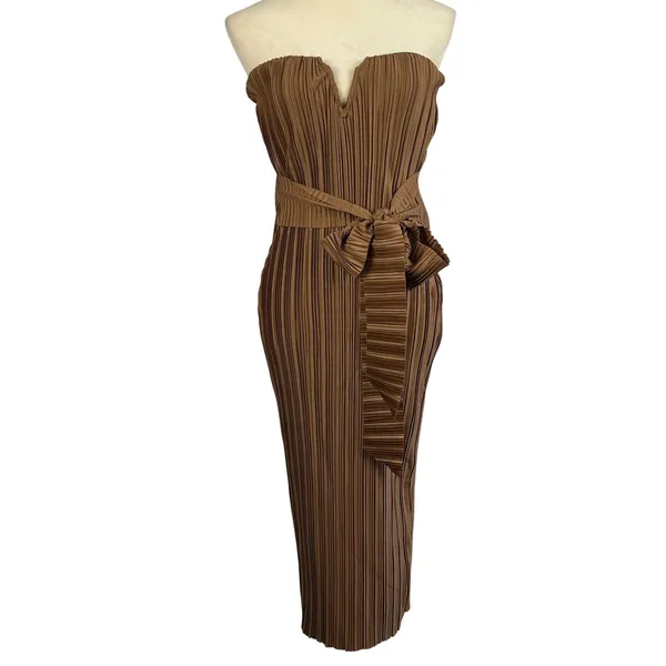 New PrettyLittleThing Chocolate Brown Plisse V Bar Tie‎ Waist Midi Dress Size 4 - Image 2