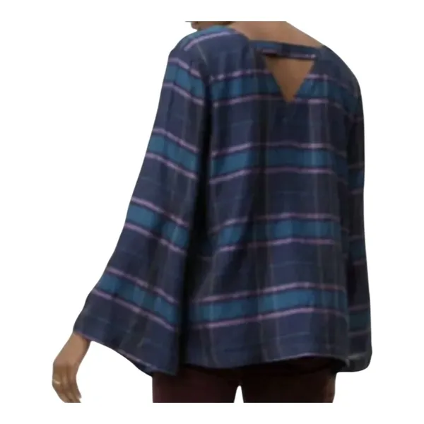 LOFT Plaid Blouse Women Medium Blue Teal Purple‎ Bell Sleeve V-Neck Strappy Back - Image 2