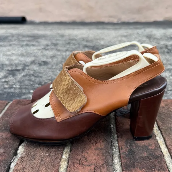 Anyi Lu Women's 60s Vintage Style Chunky Leather Peep Toe Slingback Heels EU37.5 - Image 2