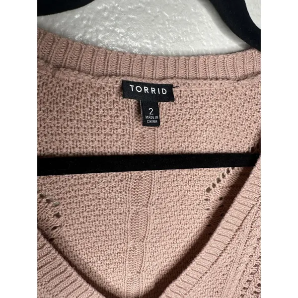 Torrid Sweater Womens 2X Pink Ombre V Neck Open Knit 3/4 Sleeve Cable Tunic - Image 2