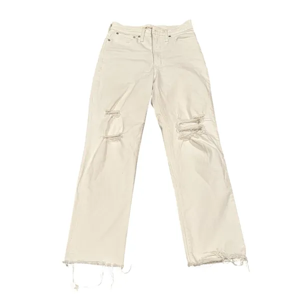 Madewell perfect vintage straight stretch jeans tile white ripped knee 25 - Image 5
