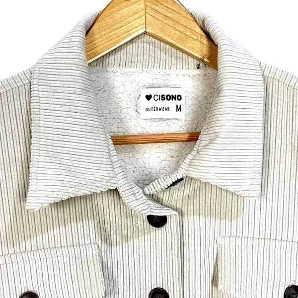 Corduroy Sherpa Lined Oversized Shacket Jacket M Button Up Soft Outerwear Beige - Image 3
