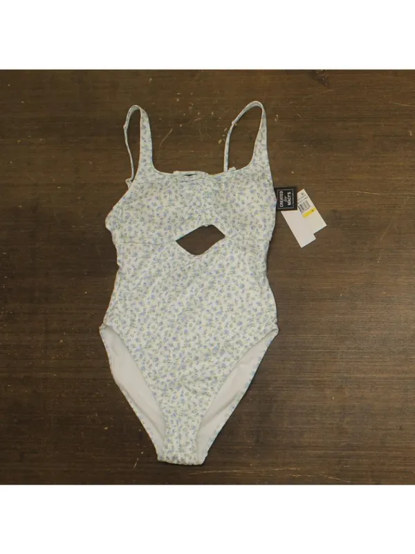 NWT California Waves Ditsy Wide Rib Tunneled One-Piece Swimsuit Blue Combo M - Image 7