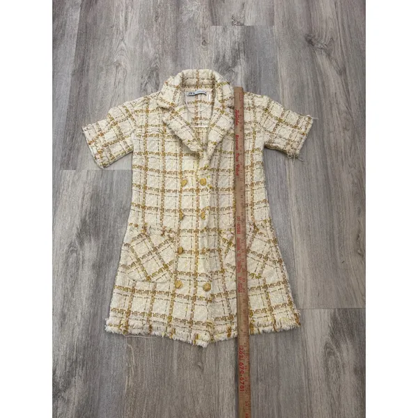 Zara Women Cream Yellow‎ Plaid Tweed Double Breasted Dress Gold Buttons Small - Image 5