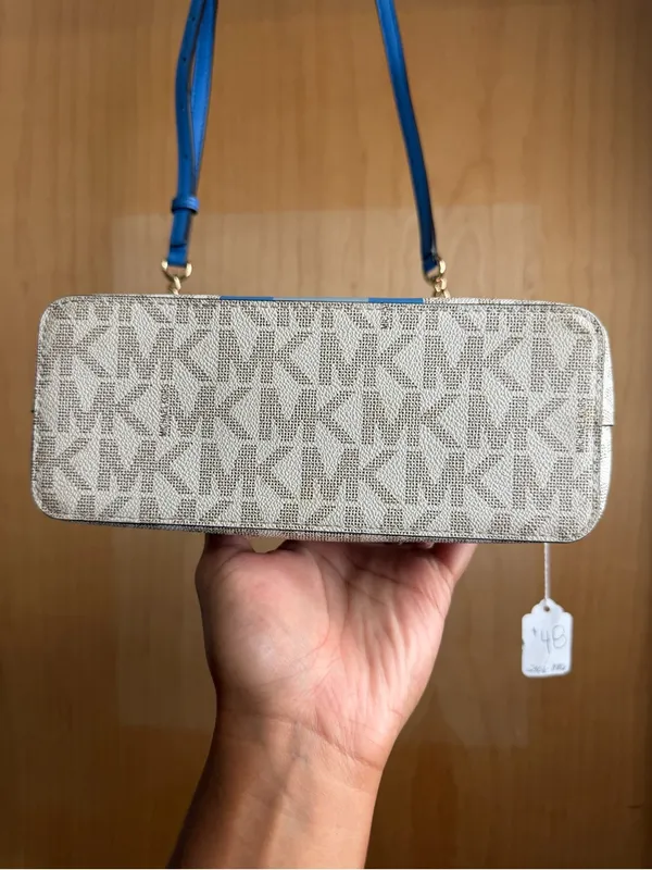 Michael Kors Blue Stripe MK Logo Crossbody Bag Gold Chain Strap - Image 4