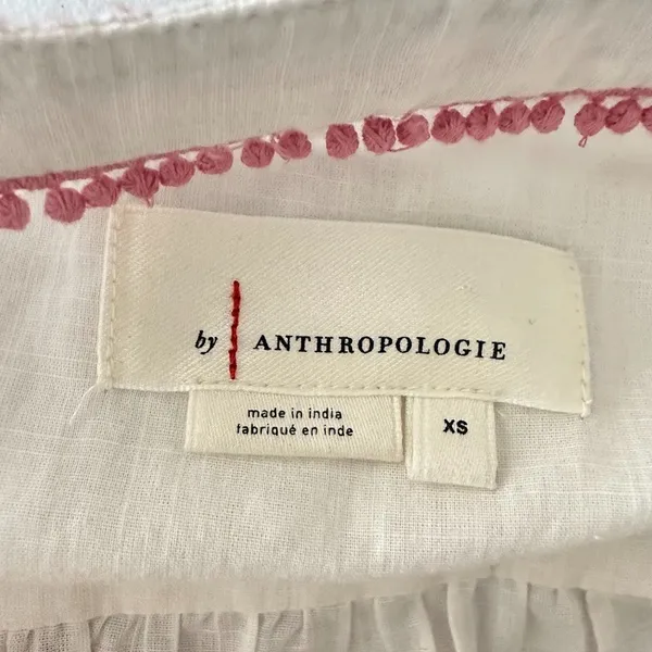 Anthropologie Simona Top‎ Womens XS White Pink Embroidered Floral Puffy Sleeve - Image 9
