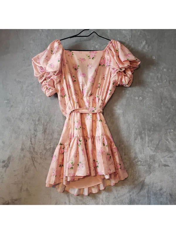 LoveShackFancy Pink Floral V-Neck Puff Sleeve Belted Satin Mini Dress 6 - Image 3