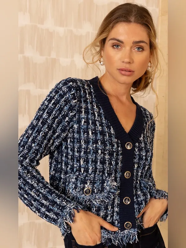 NWOT Hale Bob Amelie Genoveva Boucle Cardigan size large navy white fringe - Image 2
