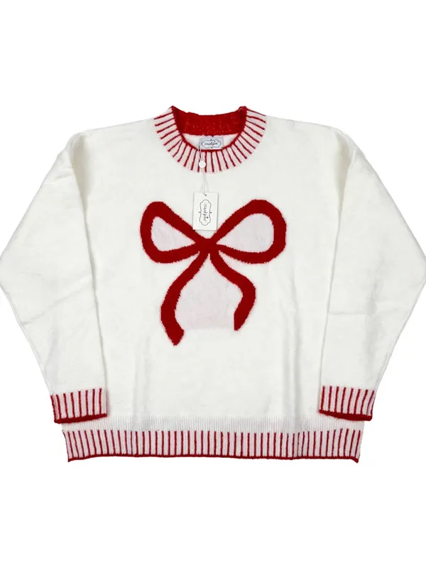 Mud Pie White Crewneck Sweater with Red Bow Detail - Image 2