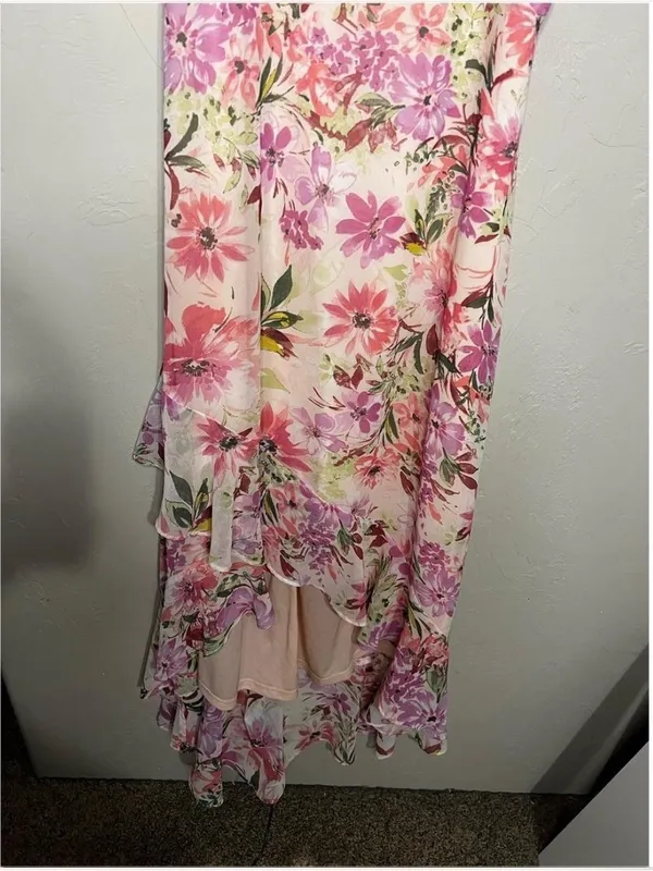 Lulus Watch Me Grow Pink Floral Cold Shoulder Hi-Low Ruffle Hem Midi Maxi Dress - Image 4