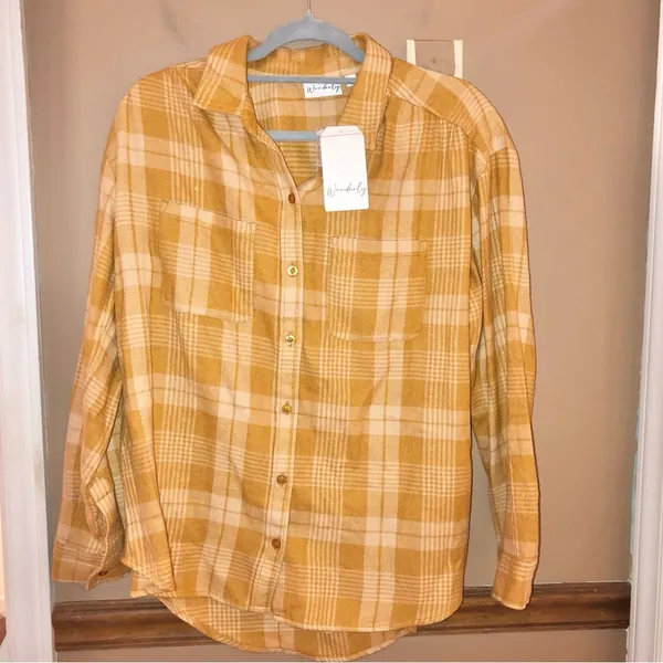 Wonderly Boyfriend woven plaid flannel‎ gold metallic size small - Image 3