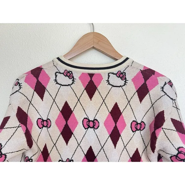 Hello Kitty Argyle Knit Cardigan Sweater Pink Burgundy Preppy Coquette Mall Y2K - Image 5