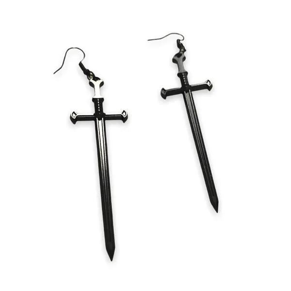 Black Goth Sword Pendant Long Hook Earrings - Image 2