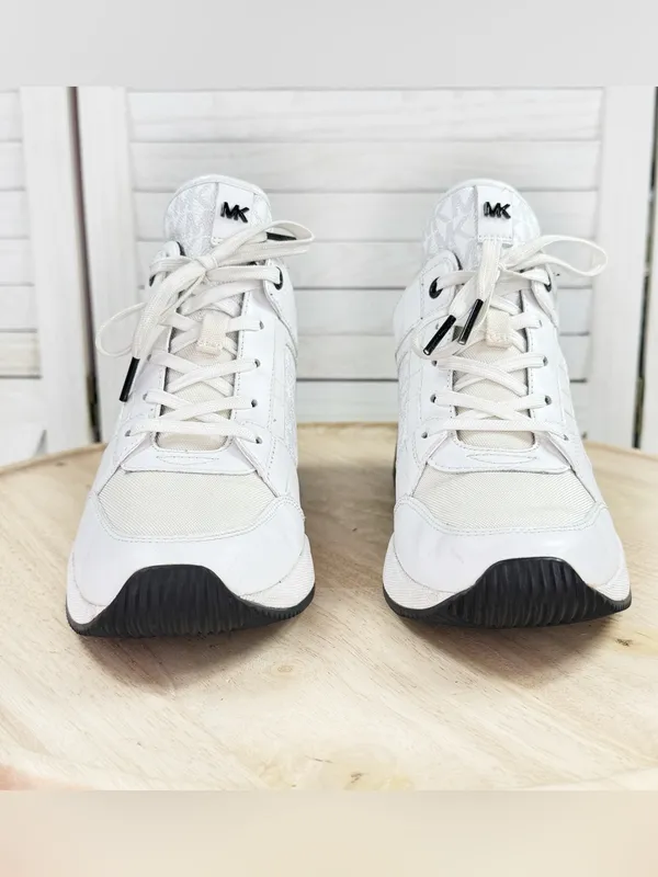 Michael Kors Georgie Logo Wedge Heel Leather Mid Top Sneakers White Black 8.5 - Image 2