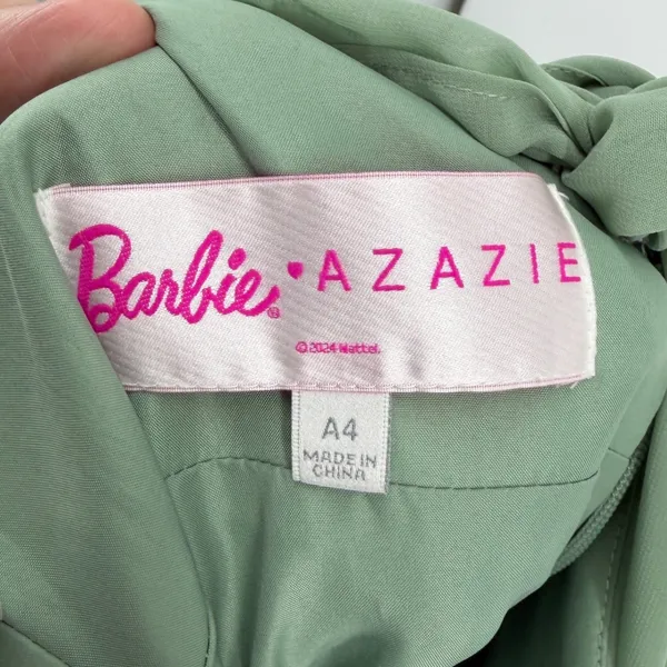 Barbie x Azazie Sage Green Pistachio Chiffon Puff Sleeve Tie Front Maxi Dress A4 - Image 8