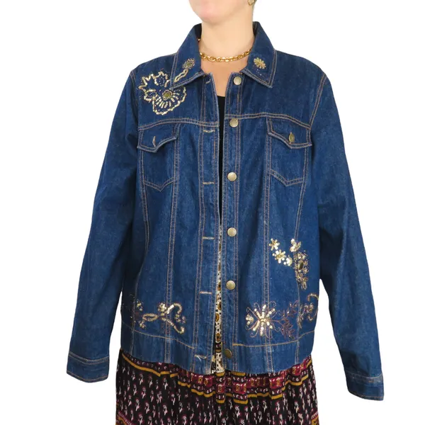 Denim & Co. 1990s Vintage Embellished Denim Jacket Jean Jacket Beaded Sequin XL - Image 6