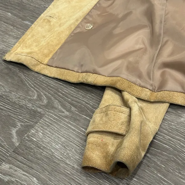 Y2K Live a Little Tan Suede Leather Double Breasted Pea Coat Jacket Small Preppy - Image 11