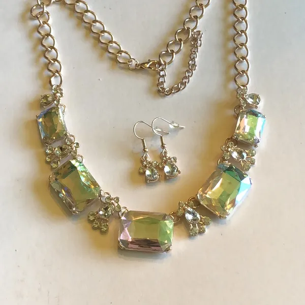 Gold Tone Aurora Crystal Statement Necklace and Earring Set - Image 3