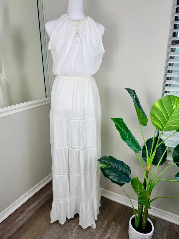 A.Peach White Boho Maxi Dress Womens Large Lace Button Front - Image 3