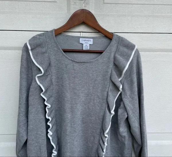 Carmen Marc Valvo Sweater Gray Grey White Ruffle Plus Size 2X - Image 4