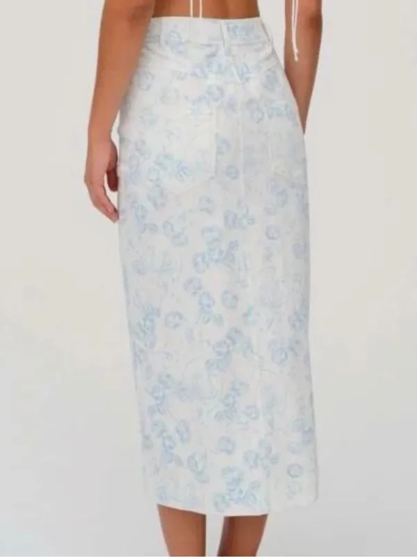 For Love & Lemons Chantal Blue Floral Swan Denim Midi Skirt M - Image 2