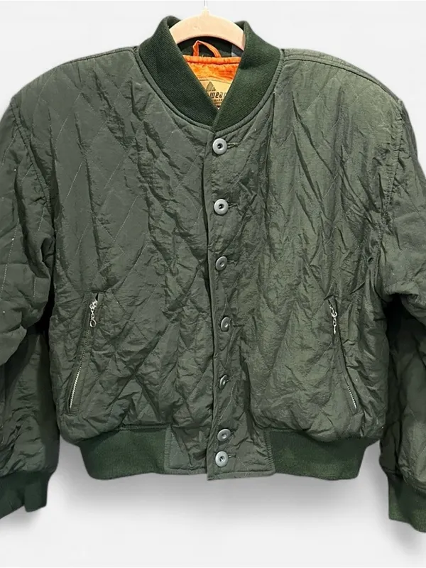 Vintage 90s Liz Wear Chic Army Green Quilted Nylon Bomber Jacket Small - Image 5