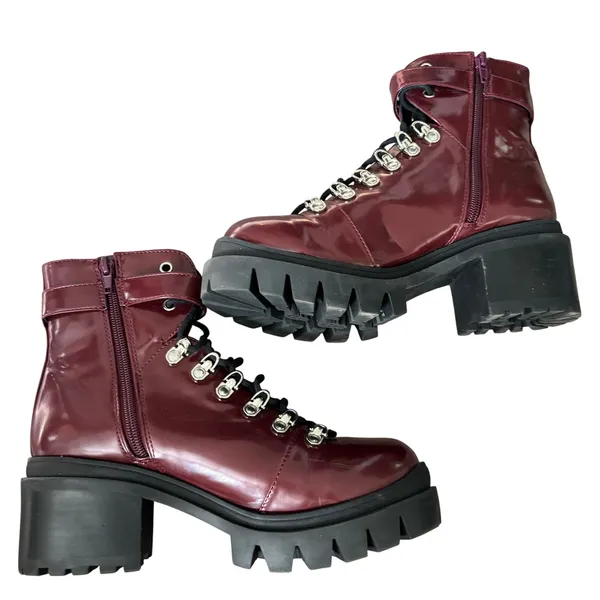 Jeffrey‎ Campbell Czech Combat Boots Sz 8.5 Burgundy Red Patent Faux Leather - Image 6