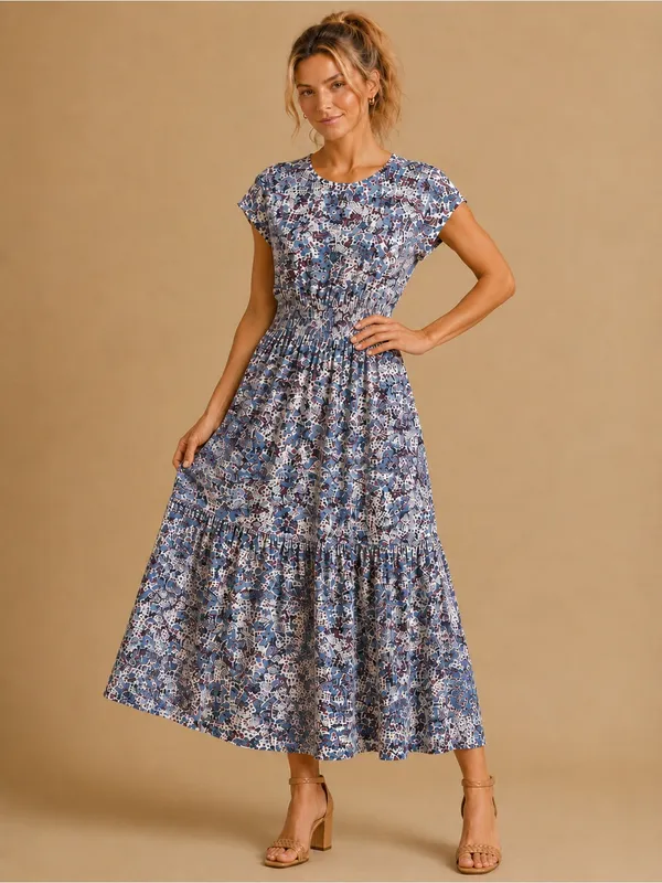 Nation Ltd. Boho Ditzy Floral 100% Pima Cotton Smocked Waist Maxi Dress Size XS - Image 9