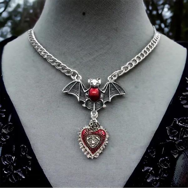 Gothic Red Bat Devil Eye Heart Pendant Silver Plated‎ Necklace Fashion Jewelry - Image 4