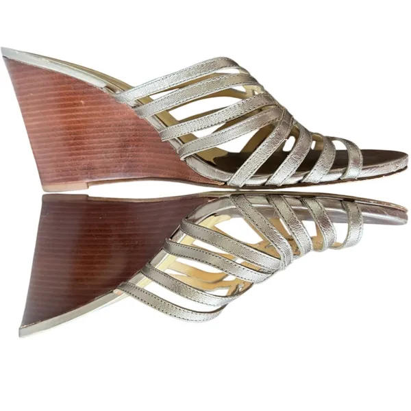Cole Haan Bronze Caged Leather Wood Stacked Slip On Wedge Heel - Image 5