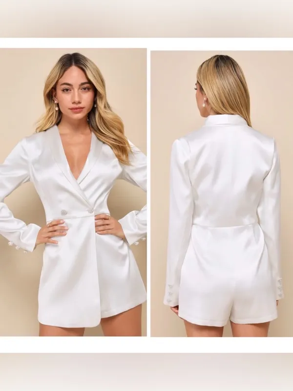 Lulus Regal Aura White Satin Long Sleeve Blazer Romper Size Small Bridal Party - Image 2
