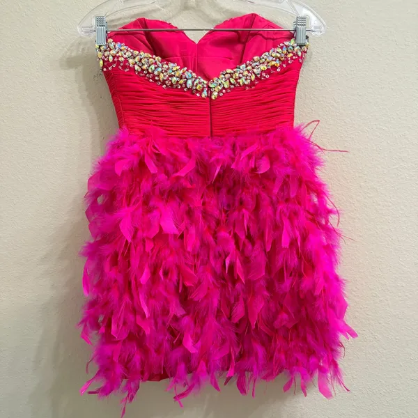 Mac Duggal Hot Pink Feather Mini Dress Beaded Sequin Strapless Prom Party Size 0 - Image 2