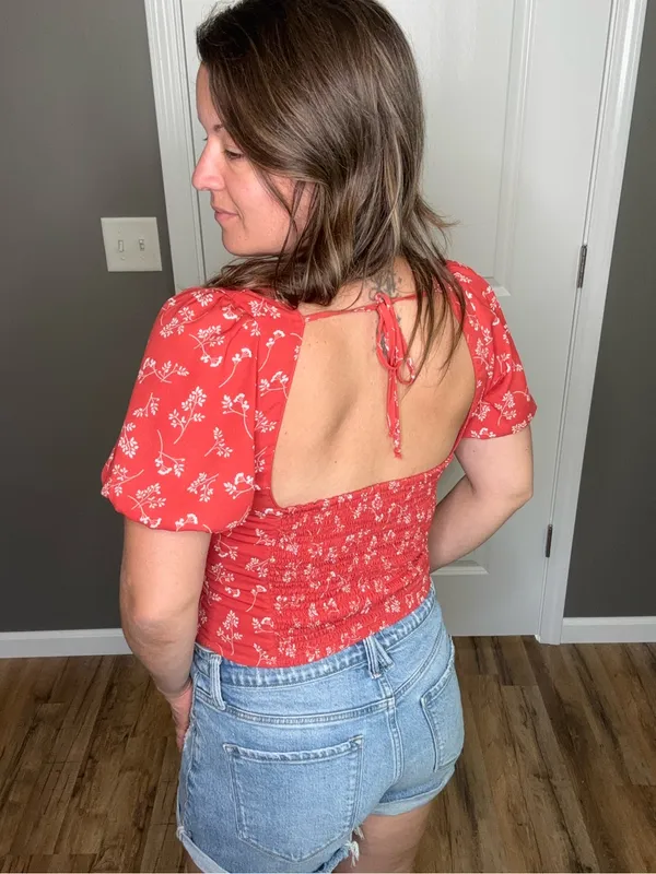 Abercrombie & Fitch Floral Print Puff-Sleeve Sweetheart Neckline Top - Image 6