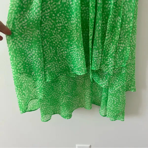 DKNY Lime Green White Chiffon Sleeveless Faux Wrap V Neck Fit & Flare Midi Dress - Image 6