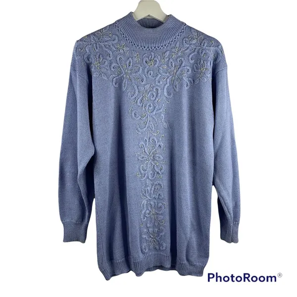 Vintage 90s Jaclyn Smith M Sweater Beaded Embroidery Mock Neck Periwinkle Blue - Image 2