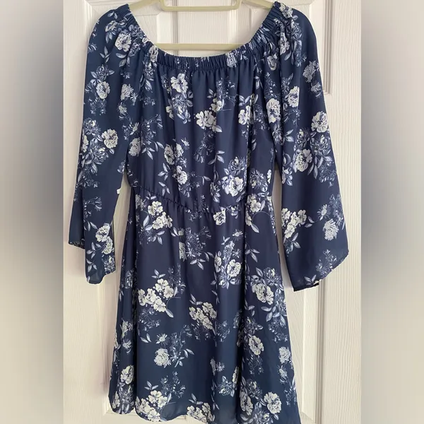 Altar'd State Navy Blue Floral Off-The-Shoulder Bishop Sleeve Mini Dress Small - Image 4