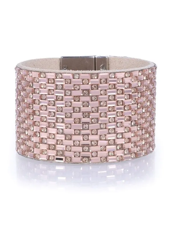 8” Wide Cuff Pink Gemstone Leather Bracelet - Image 2