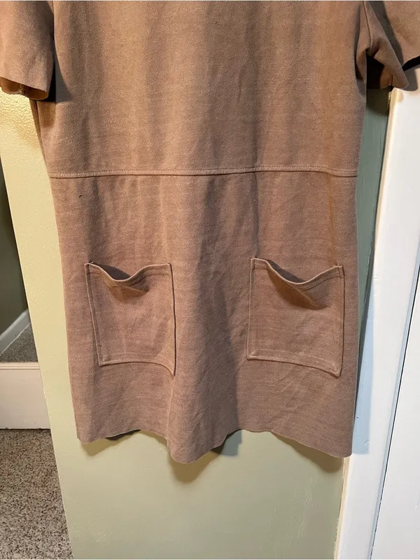 Zara Women's Size Large Short Sleeve Shift Dress Tan Brown Sweatshirt Crewneck - Image 4