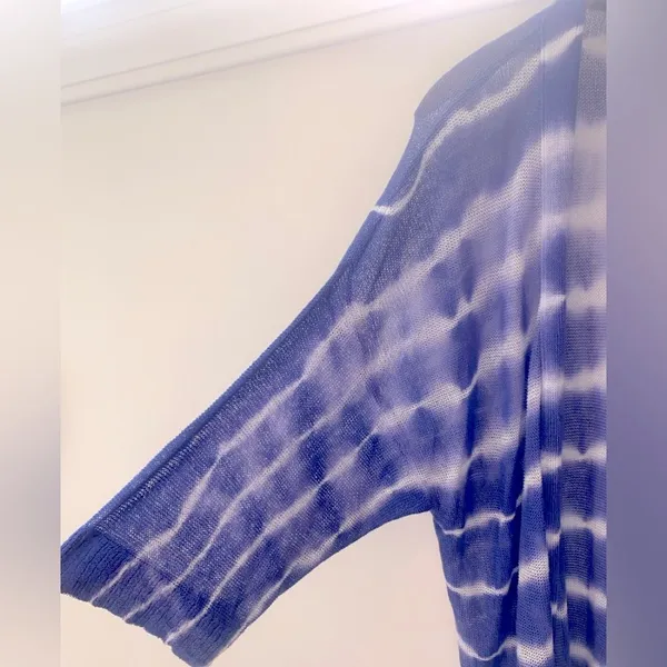 Chico’s Farida Tie Dye Linen Open Mesh Knit Cardigan Womens M Blue Coastal Boho - Image 3