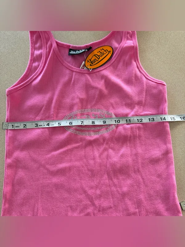 Von Dutch Hot Pink Rhinestone Logo Ribbed Tank size X-Large - Image 7