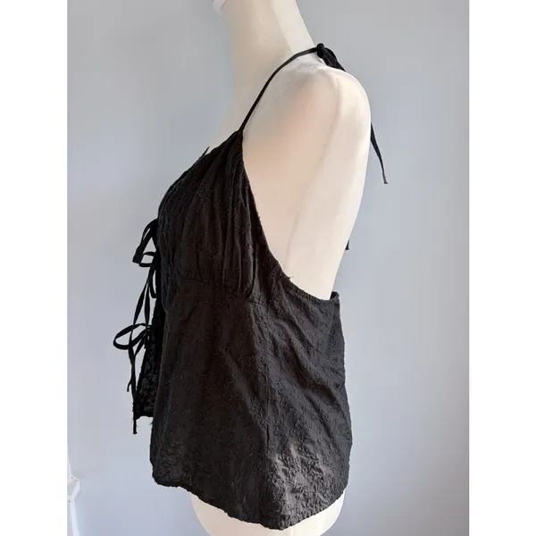Zara Black Floral Embroidered Halter Crop Top Tie Front Whimsigoth M - Image 4