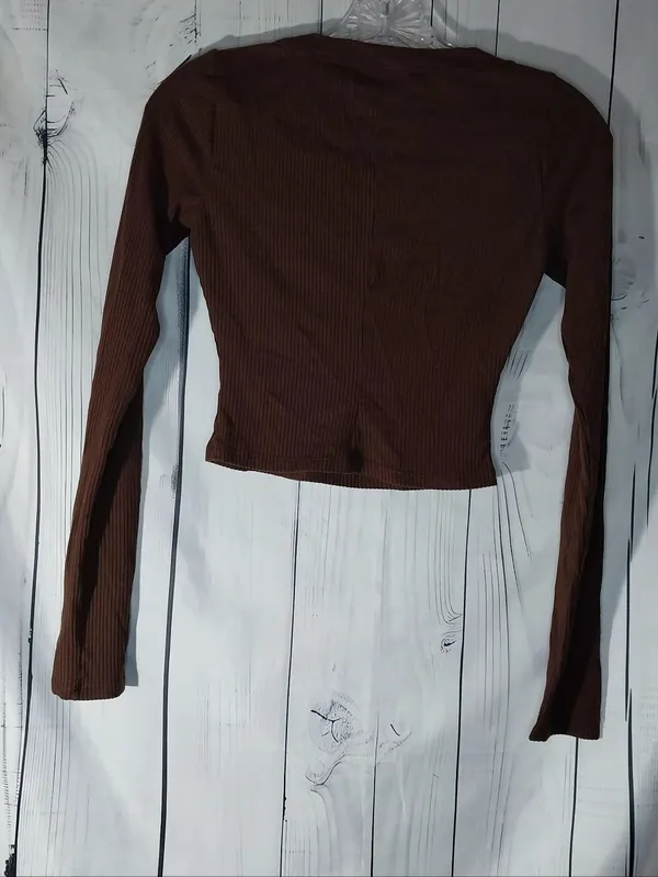 Reformation Paige Brown Ribbed Scoop Neck Long-Sleeve 90’s Y2K Neutral Crop Top - Image 5