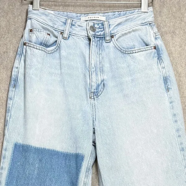 PacSun 90s Boyfriend Patchwork High Rise Jeans Light Wash Raw Hem Size 24 Y2K‎ - Image 6